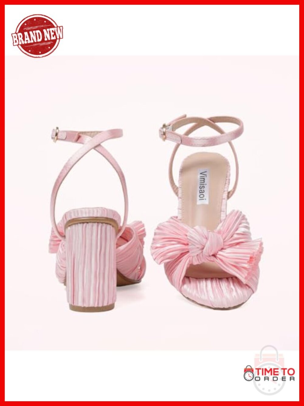 Bow Pleated Heeled Sandals Open Toe Block Chunky Heel Ankle Strap - Picture 3 of 6